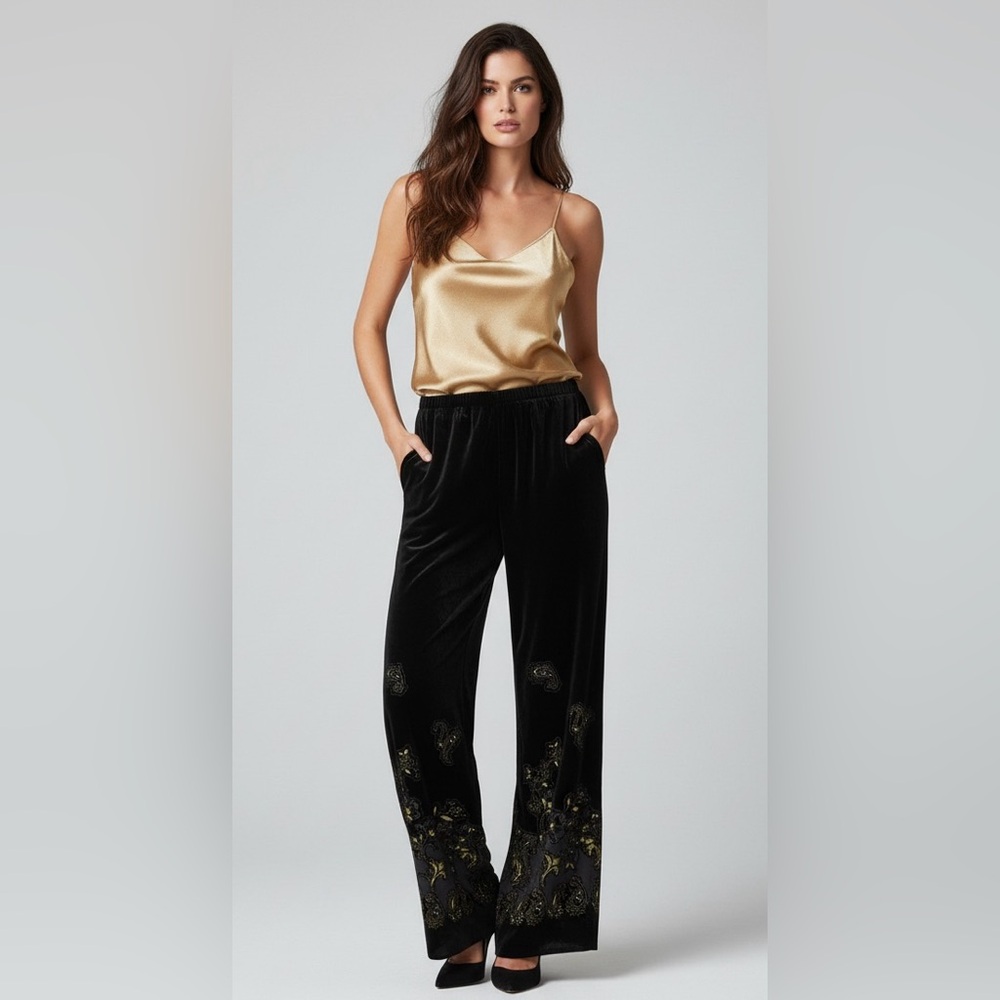 FROXX VTG Black Velvet Silk Blend Pants Gold Paisley Boho Wide Leg M Whimsigoth